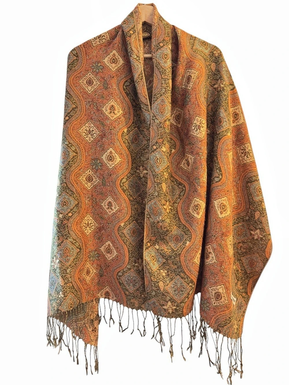 Pashmina Paisley Fringed Wrap in Brown & Orange